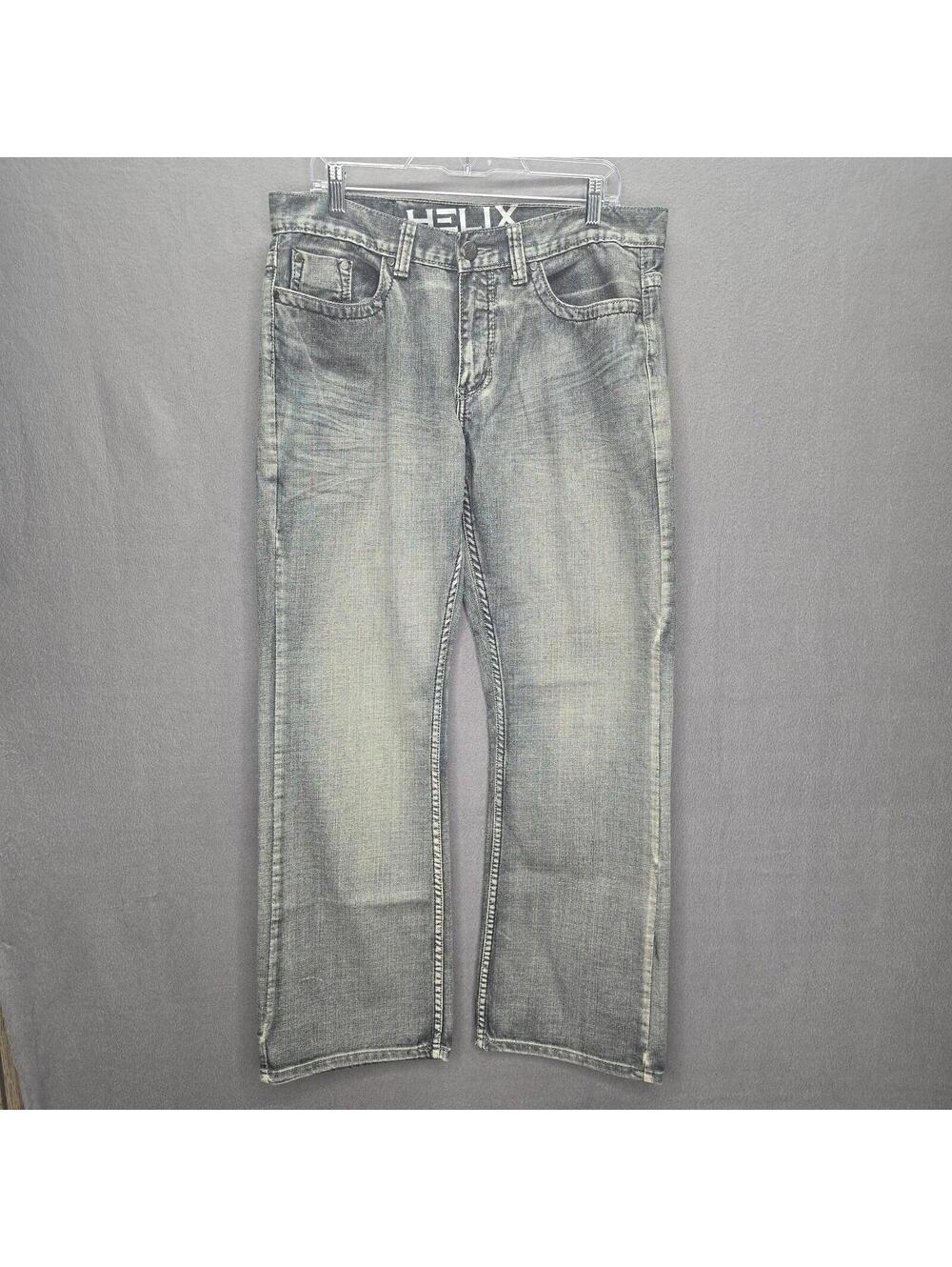 Helix Men's Relaxed Bootcut Jeans 34x30 Gray Acid Wash Studded Pockets Y2K Fit